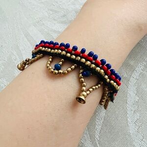 Vintage Jordanian origin seed beaded Bracelet handmade red blue Golden dangling